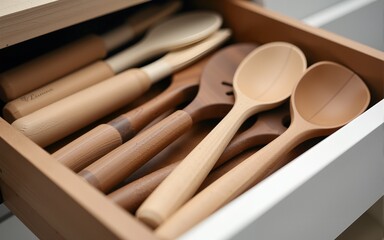 Wooden kitchen utensils and eco-friendly kitchen accessories in a drawer. High quality
