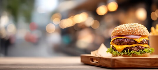 Cheeseburger on a tray placed right, blurred fast-food background, copy space on left 