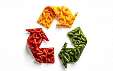 High-resolution photo showcases an artistic representation of a recycling symbol made entirely from colorful food waste. High quality