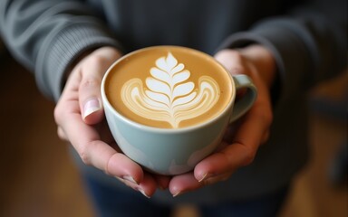 Man presents latte art in eco-friendly coffee cup. High quality