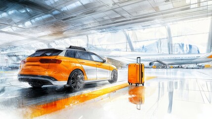 Fototapeta premium Modern orange and white taxi parked, ready for passengers.