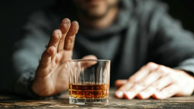 Rejecting Alcohol: A close-up captures a man's hand gesturing to reject a glass of amber liquid, symbolizing sobriety and self-control.