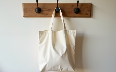 Organic cotton reusable tote bag hanging on rustic wall hook showcasing sustainable shopping practices and zero waste lifestyle for eco-friendly consumer awareness and ethical retail marketing concept