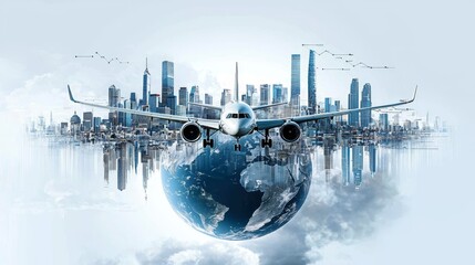 Symbolic representation of air transport with an aircraft over cityscapes and logistical charts.