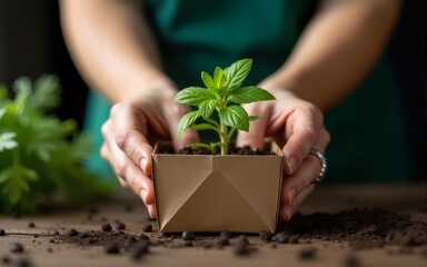 Hands planting herb seedling in biodegradable box on dark background, eco-conscious gardening concept highlighting sustainable farming, organic homegrown herbs, zero-waste lifestyle. High quality