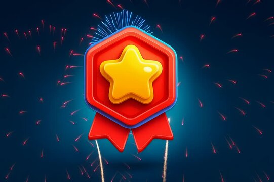 Glossy red award badge features yellow star and red ribbons on dark blue background with pink fireworks digital illustration
