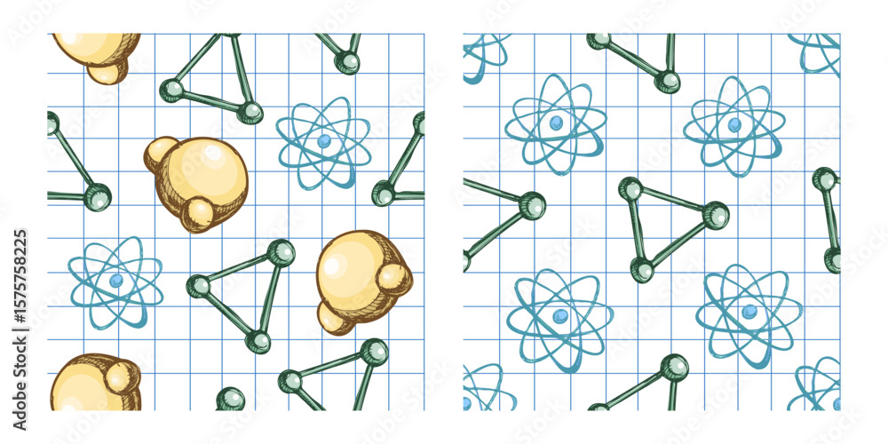 Aufkleber hand drawn vintage seamless pattern of atomic and molecular structures on notebook background