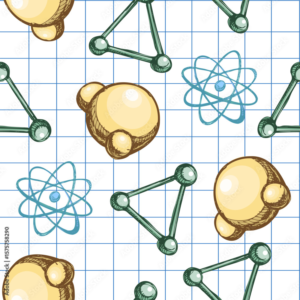 Fototapete hand drawn vintage seamless pattern of molecules and atoms in color version on grid notebook paper b