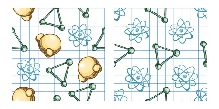 Hand drawn vintage seamless pattern of atomic and molecular structures on notebook background