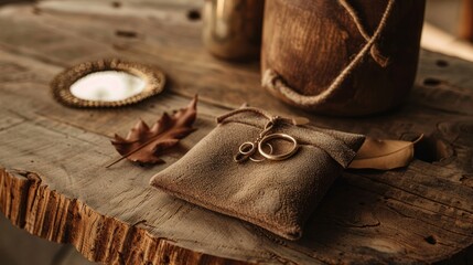 Elegant wedding bands displayed on a rustic wooden table with natural decorations for an intimate wedding celebration in a warm cozy atmosphere.