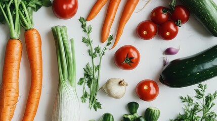 Assorted fresh vegetables arranged on a white surface.