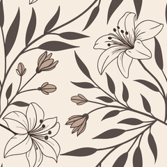 Fototapeta premium Timeless seamless pattern with large lilies and slender leaves in elegant muted tones. Perfect for wallpaper, fabric, and sophisticated design projects.