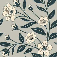 Seamless pattern with cream-colored blossoms and dark leaves on a muted background, perfect for subtle and elegant textile or wallpaper designs.