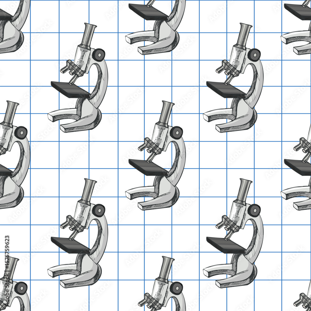 Poster hand drawn vintage seamless pattern of microscope on squared notebook paper background in monochrome