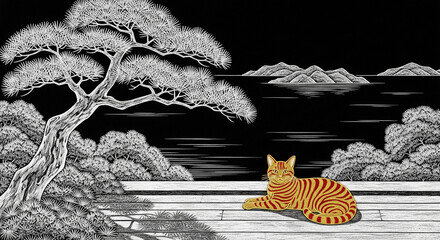Black and white woodcut drawing artwork with beautiful orange cat, the cute red tabby is lounging next to pine trees by the sea on Japanese island of calm Seto sea on wooden terrace, nice quiet scene