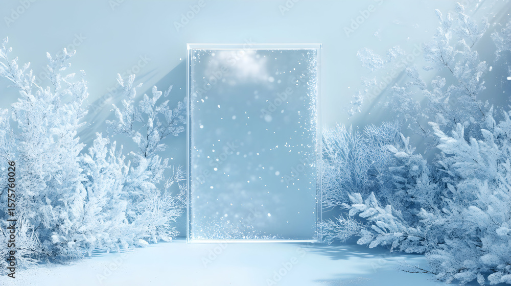 Poster winter wonderland abstract stage with snowy trees and floating particles scene