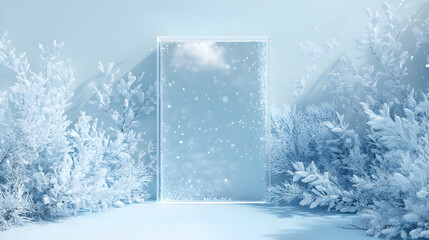 Winter wonderland abstract stage with snowy trees and floating particles scene