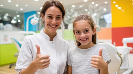 Wandcirkels Tandarts Friendly female dentist giving a thumbs up next to a happy girl in a bright and colorful dental environment  © hdesert