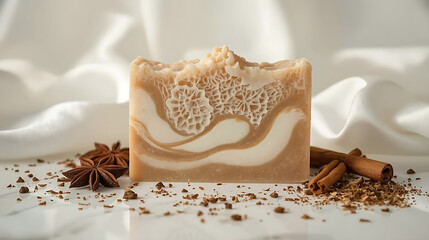 Handcrafted soap bar with intricate textures, swirling white and caramel tones, and aromatic spices. Set on a glossy white surface with silk fabric background, captured in high detail with dramatic li