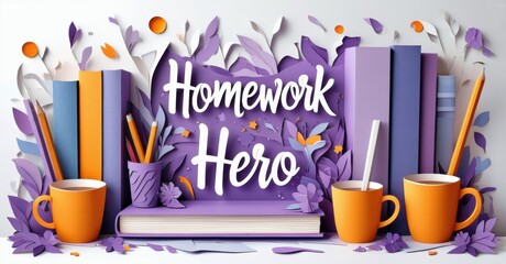 Papercraft books, mugs, pencils. Text reads Homework Hero. Purple, orange tones dominate composition. Bright, cheerful study scene.