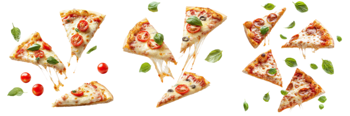Set of falling pizza slices with tomatoes and basil isolated on transparent background PNG