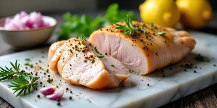 Sliced savory seasoned poultry breast on marble board with herbs and peppercorns