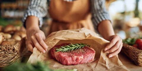 Woman packing fresh marbled beef steaks with rosemary into brown paper at farm shop. Natural lighting, rustic background, artisan food preparation, organic local product concept.