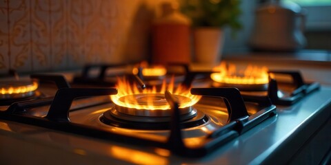 Obraz premium A close-up view of a gas stovetop burner with vibrant flames burning brightly, showcasing the intense heat and energy of the cooking appliance in a domestic kitchen setting.