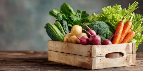 Freshly harvested vegetables in rustic wooden crate, including carrots, beets, radishes, and lettuce. Bright natural colors and clean presentation ideal for organic food, farming, or market concepts.