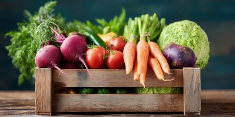 Freshly harvested vegetables in rustic wooden crate, including carrots, beets, radishes, and lettuce. Bright natural colors and clean presentation ideal for organic food, farming, or market concepts.