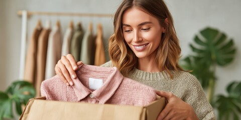Woman packing folded second-hand sweaters into a cardboard box. Cozy neutral knits in warm tones, sustainable fashion and eco-friendly clothing donation or shipping concept.