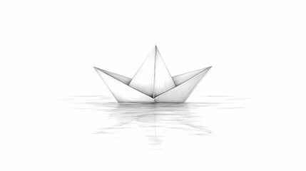 Hand-drawn origami paper boat on water.