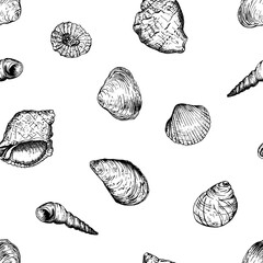 Seamless pattern with variety of hand drawn seashells in black and white. Hand drawn vector illustration in sketch style. Perfect for textiles fabric wallpapers or ocean inspired design themes.