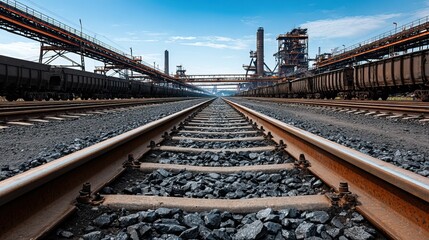 Train tracks leading to industrial plant, open sky, outdoor daylight environment