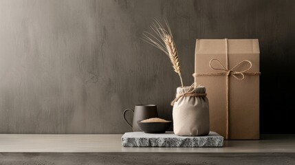 Rustic Still Life Featuring Wheat, Grain, Package, and Ceramic, Set Against a Textured Wall in Neutral Tones Creating a Calming Ambience.