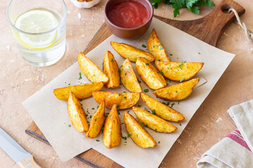 Baked potato with ketchup. Healthy food. Vegetarian food.