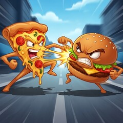 Cartoon Pizza and Burger Fighting on City Street.