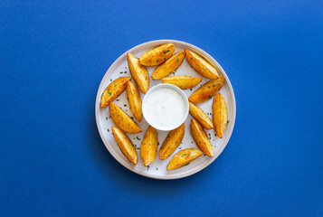 Baked potato with white sauce. Healthy food. Vegetarian food.