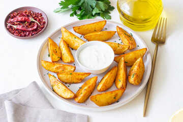 Baked potato with white sauce. Healthy food. Vegetarian food.