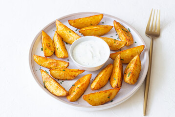 Baked potato with white sauce. Healthy food. Vegetarian food.