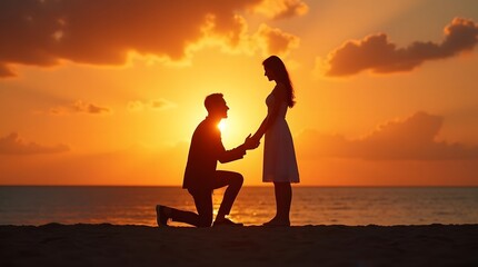 Fototapeta premium Silhouette of Man Proposing to Woman at Sunset