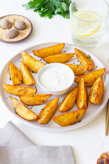Baked potato with white sauce. Healthy food. Vegetarian food.