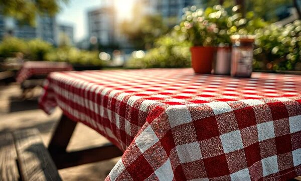 Outdoor picnic table with red and white checkered tablecloth