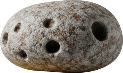 Detailed view of a speckled grey and brown round stone with multiple circular holes