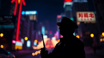 A dramatic minimalist silhouette of a police officer against the background of glowing city lights at night