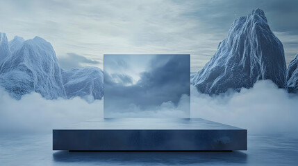 Abstract mirror reflection in a surreal landscape with snowy mountains and clouds