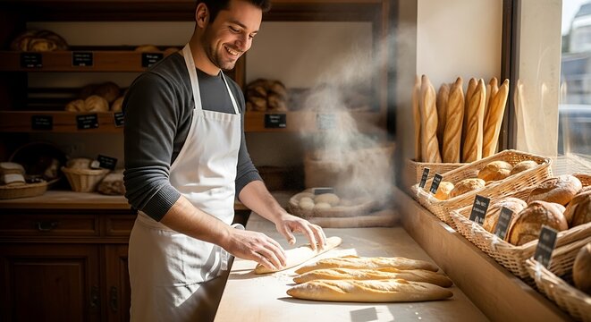 A smiling baker prepares fresh baguettes on a wooden counter, in a bakery. - Powered by Adobe