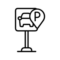 Obraz premium Line icon of a parking sign with a car and pin symbol. Ideal for navigation apps, car rental platforms, or urban mobility services. Represents car location, parking, and transport infrastructure.