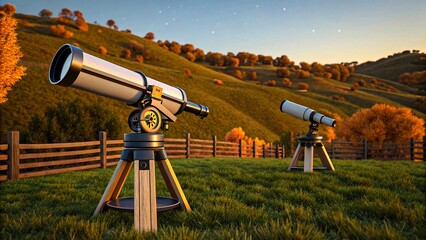 Astronomy telescopes on tripods set up on grassy hillside at golden sunset in rural stargazing location
