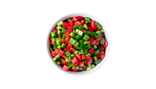 Diced bell peppers bowl on solid white background